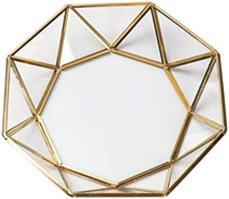 Octagonal Disc Vintage Gold Mirror Glass Vanity Tray,Ornate Geometric and Brass Plated Display Storage Organizer for Makeup Brushes/Lipstick/Skincare/Perfumes/Beauty Room/Bathroom Accessories