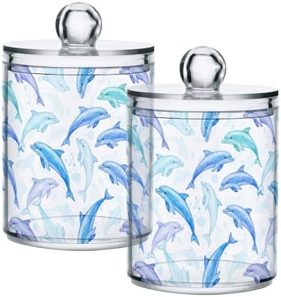 MNSRUU 2 Pack Qtip Holder Organizer Dispenser Light Blue Dolphins Bathroom Storage Canister Cotton Ball Holder Bathroom Containers for Cotton Swabs/Pads/Floss