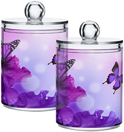 2 Pack Purple Butterfly Qtip Holder Dispenser with Lid, 14 oz Clear Plastic Apothecary Jar Set for Bathroom Vanity Organizers Storage Containers