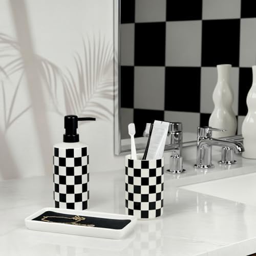 Bathroom Toothbrush Holder Set, Ceramic Soap Dispenser and Tooth Brush Holder Set, Bathroom Accessories Sets Countertop, Black and White Checkered Bathroom Decor Set