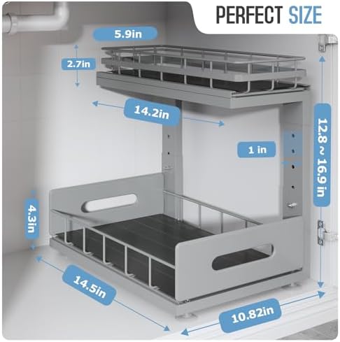 Under Sink Organizer Upgrade To Professional Rails,2-Tier Dual Pull Out Cabinet Storage,Height Adjustable Slide Out Drawers For Bathroom Kitchen,2 Pack-14.5"Dx12.8"-16.9"H,Gun Gray