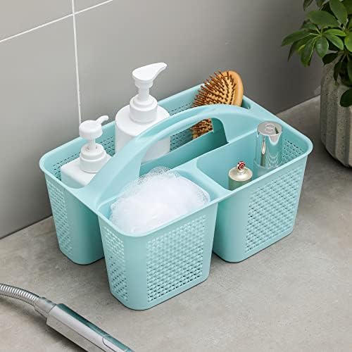 Plastic Portable Shower Caddy Basket with Handle, 3 Compartments, Blue
