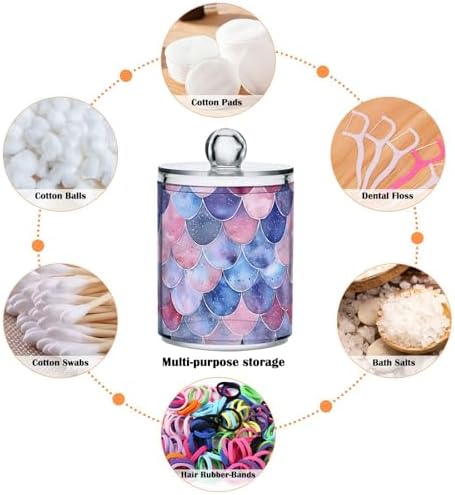 senya Clear Plastic Jars Cotton Swabs Cans, Watercolor Mermaid Scales Bathroom Canisters Storage Organizer with Lids 2PCs Set for Cotton Ball, Cotton Swab, flossers, Hair Bands