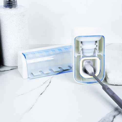 5 Slots Wall Mount Toothbrush Holder with Cover, Self Adhesive Toothbrush Storage Organizer for Shower, Toothbrush Hanger with Automatic Toothpaste Squeezer Dispenser(White + Blue)