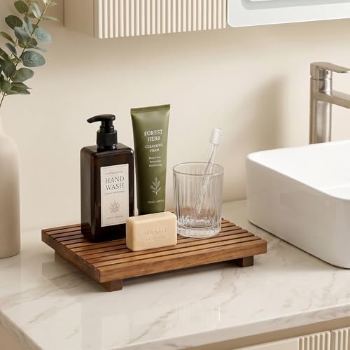 Acacia Wood Pedestal Stand Bathroom Tray Organizer Kitchen Counter Decor