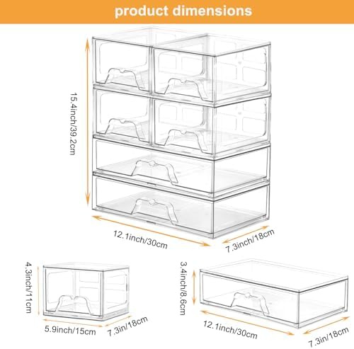 Stackable Makeup Organizer Storage Drawers Set of 6, Clear Plastic Organizer Bins for Beauty Supplies,Ideal for Vanity, Bathroom,Cabinet,Pantry Organization (2Long 4 Short)