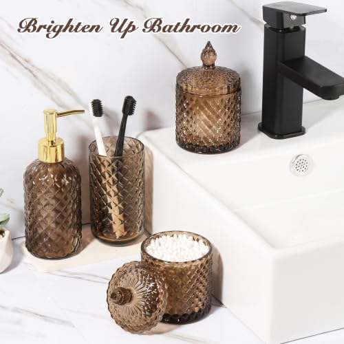 RYTOXILO Brown Bathroom Accessories Set, 4 Pack Brown Bathroom Decor Accessory Sets Complete, Diamond Glass Soap Dispenser and Toothbrush Holder Set for Bath Counter Organizer Essentials