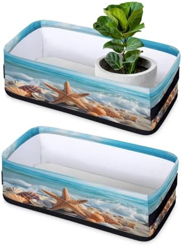 Storage Basket Set of 2 Beach Starfish Seashell Small Baskets for Organizing Fabric Storage Baskets with Handles for Shelves Bathroom Toilet Tank Top