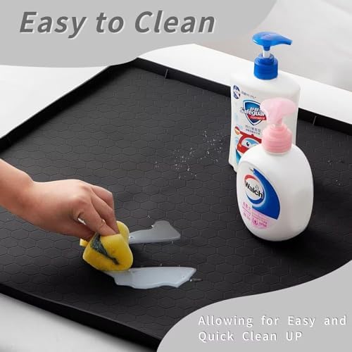 Under Kitchen Sink Mat 31" x 22", SAZTEAY Waterproof Silicone Under Sink Tray, Under Sink Protector Mat for Bathroom and Kitchen Cabinets(Black)