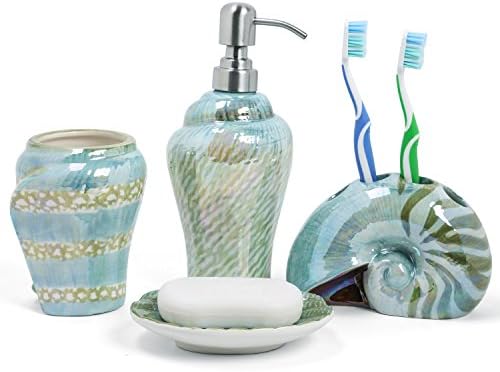 Ocean Conch Sea Shell Ceramic Bathroom Accessories Set of 4,1 Gargle Cups 1 Toothbrush Holders 1 Soap Dishes 1 Soap Dispenser (Green)