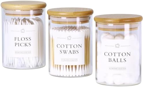 INIUNIK 3 Pack Qtip Holder Dispenser - Glass Apothecary Jars with Lids, Cotton Ball Pad Swab Round Holder, Bamboo Bathroom Accessories, Bathroom Organizers Containers Jars Canisters with Lids