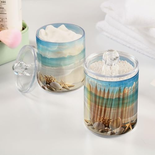 Mnsruu 4 Pack Qtip Holder Organizer Dispenser Beach Scene with Starfish Shells Bathroom Storage Canister Cotton Ball Holder Bathroom Containers for Cotton Swabs/Pads/Floss