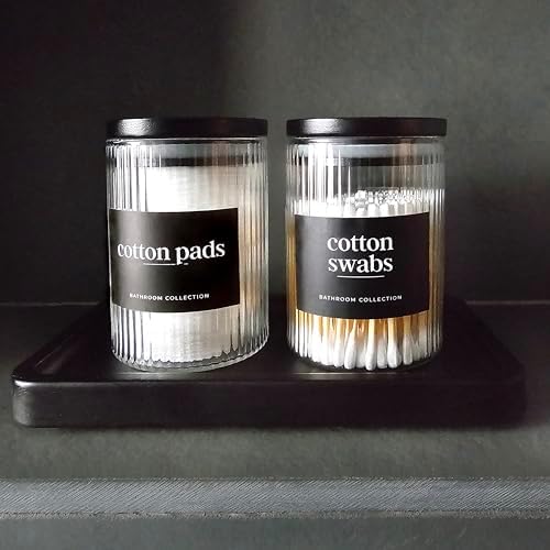 Mason & Fable Ribbed Glass Bathroom Jars & Tray Set | 10 fl oz, Set of 2 Storage Canister with Airtight Black Bamboo Lids | Cotton Pad/Swab/Q tip Holder/Bath Salt/Clear Vanity Apothecary Organizer