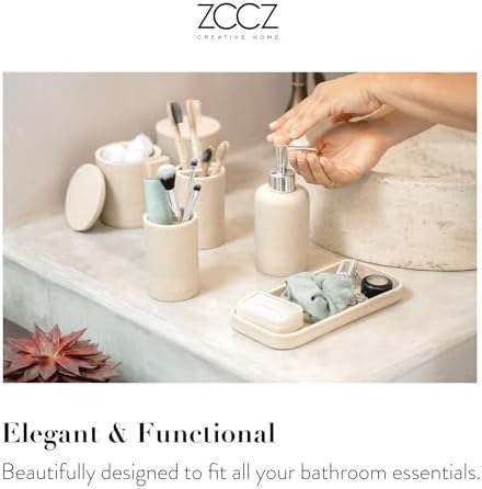 ZCCZ Beige Bathroom Accessories Set 6 Pieces - Toothbrush Holder, Lotion Dispenser, Qtip Container, Vanity Tray, Tumbler - Countertop Organizer for Bathrooms - Elegant and Functional Décor Set