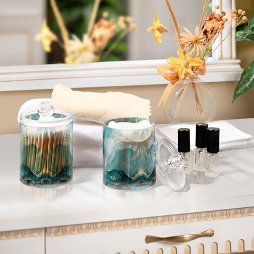 Abstract Turquoise Pattern Qtip Holder 2 Pack - 10 Oz Clear Plastic Apothecary Jar Set for Bathroom Organization - Versatile Canister Storage for Cotton Balls, Swabs, Rounds
