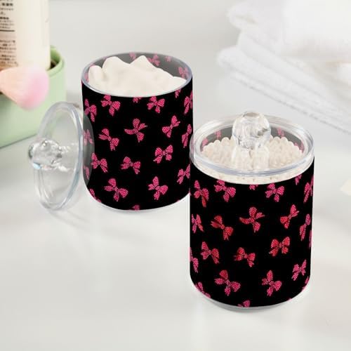Gredecor 2 Pack Qtip Holder Clear Magenta Bow Polka Dots Apothecary Jars with Lids Acrylic Bathroom Jars Vanity Countertop Canister Storage Organizer for Cotton Ball,Swabs,Pads,Floss