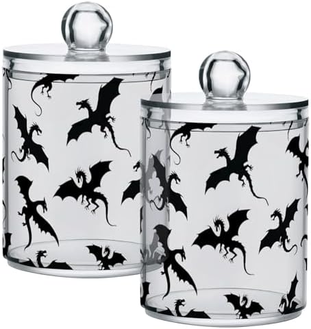 Gredecor 2 Pack Qtip Holder Clear Black Dragons Apothecary Jars with Lids Acrylic Bathroom Jars Vanity Countertop Canister Storage Organizer for Cotton Ball,Swabs,Pads,Floss