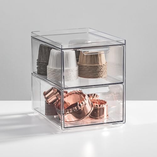 mDesign Stackable Storage Containers Box with 2 Pull-Out Drawers - Stacking Plastic Drawer Bins for Kitchen Pantry and Cupboard, Cabinet, Counter, Island and Tables - Lumiere Collection - Clear