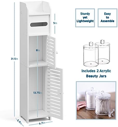 Hearth & Harbor Bathroom Storage Organizer with Cabinet, 2 Apothecary Jars, Shelf Organizer, White