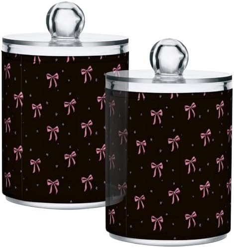 Gredecor 4 Pack Qtip Holder Clear Cute Pink Ribbon Bow Apothecary Jars with Lids Acrylic Bathroom Jars Vanity Countertop Canister Storage Organizer for Cotton Ball,Swabs,Pads,Floss