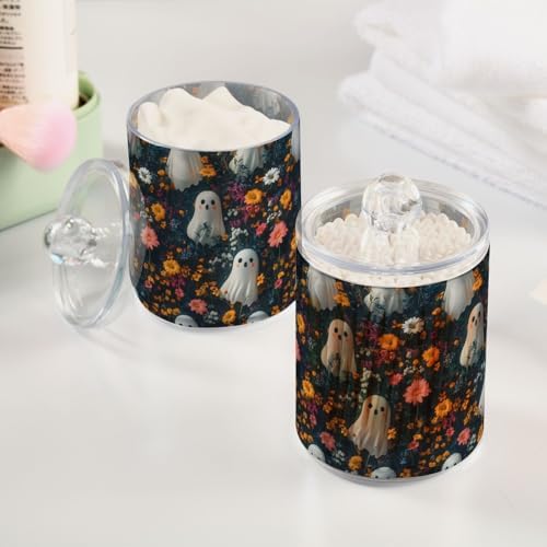 2 Pack Qtip Holder Organizer Dispenser Cute Ghosts with Flowers Bathroom Storage Canister Cotton Ball Holder Container for Cotton Pads/Swabs/Floss