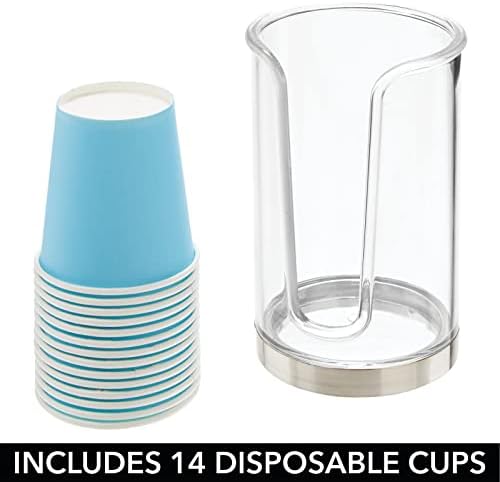 mDesign Plastic Small Compact Disposable Paper Cup Dispenser, Mouthwash Rinsing Cups Storage Holder for Bathroom Vanity Countertops, Makeup Table, Powder Room, Lumiere Collection, Clear/Brushed Chrome