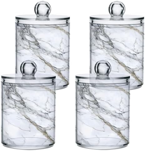 MNSRUU 2 Pack Qtip Holder Organizer Dispenser Stylish White Marble Texture Bathroom Storage Canister Cotton Ball Holder Bathroom Containers for Cotton Swabs/Pads/Floss