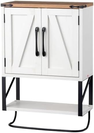 Bonnlo Wall Cabinet Farmhouse with Tower Bar Small Bathroom Medicine Cabinet Over Toilet Storage Organizer with Tower Bar Wall Mounted for Bathroom Kitchen Rustic White & Brown