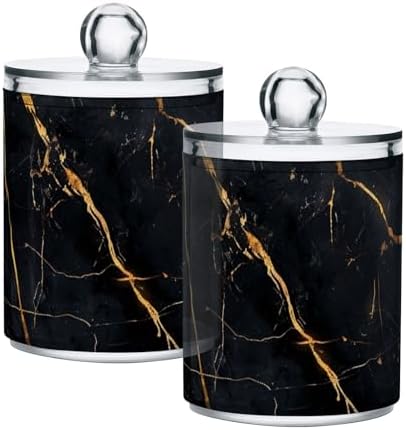 Fustylead 2 Pack Black Gold Marble Abstract Background Texture Plastic Apothecary Jar Set for Cotton Swab, Ball, Pad, Floss, Qtip Holder Dispensers for Bathroom Storage Organizer