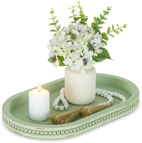 Hanobe 15" Sage Green Decorative Trays for Coffee Table Decor, Beaded Edge