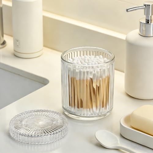 Bathroom Organizers and Storage, 2 Pack Glass Qtip Holder Canisters with Lids, Crystal Clear Apothecary Jars for Cotton Balls, Swabs, Floss, Candy & Makeup Pads (Clear)