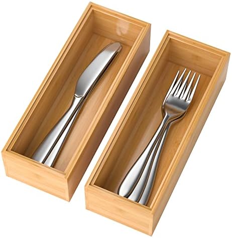Lixple Bamboo Drawer Organizer – Set of 2 Stackable Storage Boxes, Silverware Tray & Small Gadget Holder for Kitchen Drawers, 9" x 3" x 2" (Outer), 8.3" x 2.3" x 1.77" (Inner)
