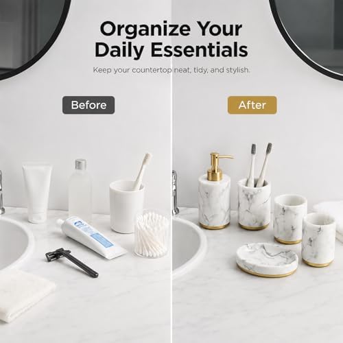 5 Piece Bathroom Accessories Set, Marble Resin Bathroom Set with Soap Dispenser, Toothbrush Holder, Soap Dish and Tumblers, Modern Bathroom Countertop Decor with Gold Accents (White)