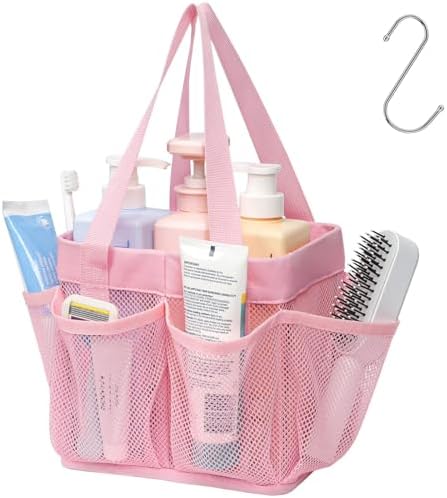F-color Mesh Shower Caddy Portable - Stand Up 8 Pockets for Dorm, Pink