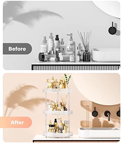 3 Tier Lazy Susan Bathroom Countertop Organizer, 360° Clear Rotating Makeup Cosmetic Perfume Storage Tray, Spinning Vanity Organizer Shelf for Bathroom Cabinet, Dresser, Kitchen(Large)