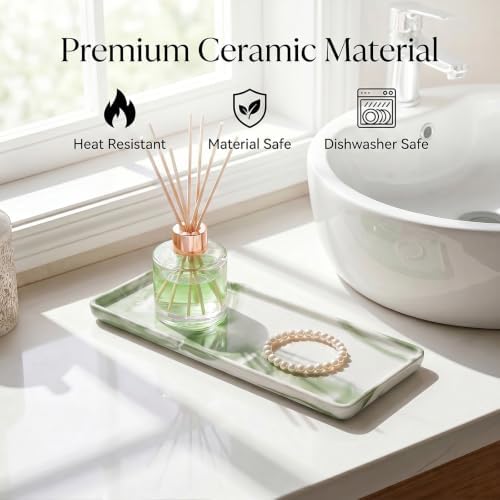 10″ x 3.5″ Ceramic Bathroom Vanity Tray, Rectangular Decorative Countertop Tray for Bathroom Kitchen, Ceramic Organizer Tray for Perfume, Candle, Jewelry, Cosmetics, Soap Dispenser, Marble Green
