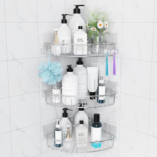 Orimade Corner Shower Caddy Stainless Steel with Hooks Wall Mounted Bathroom Shelf Storage Organizer Adhesive No Drilling 3 Pack, Silver Only for 90-Degree Corner