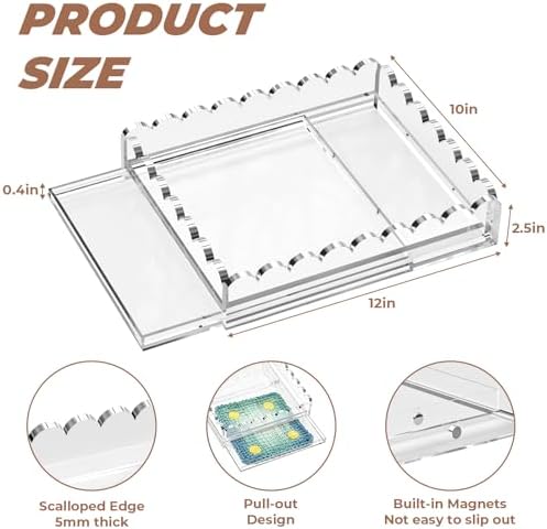 Scalloped Acrylic Tray for Needlepoint, 10" x 12" Clear Acrylic Display Tray with Slide Out Drawer for Insert Photos, Art, Fabric, Large Acrylic Organizer Decorative Tray for Home Decor