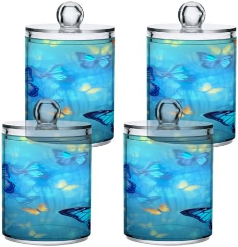Blue Butterflies Qtip Holder 2 Pack - 10 Oz Clear Plastic Apothecary Jar Set for Bathroom Organization - Versatile Canister Storage for Cotton Balls, Swabs, Rounds