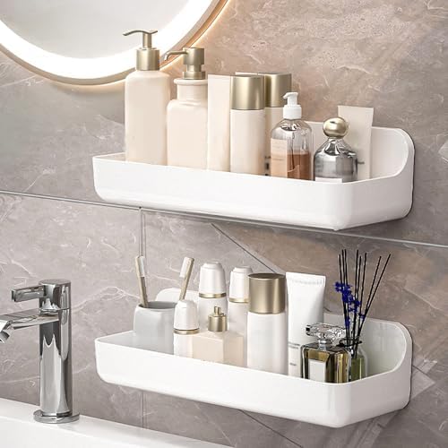 CGBE 2-Pack Adhesive Shower Shelves, Acrylic Bathroom Wall Caddy, White