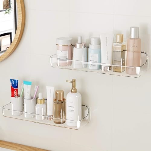 UDD Acrylic Clear Shower Caddy Adhesive Shelf, 2pc Plastic Shower Organizer with Self Adhesive Tape, No Drilling Wall Mount Shower Shelves for Bathroom Kitchen, Transparent