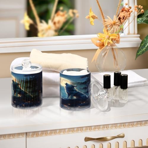 ALAZA Wolf Animal Moon Tree 2 Pack Qtip Holder Dispenser for Cotton Swabs, Balls, Pads, Floss 10 oz Plastic Canister Organizer