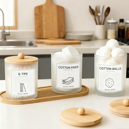 3Pack Glass Qtip Holder with Bamboo Tray, Cotton Ball Holder, 13.5 oz Apothecary Jars Bathroom Canisters with Lids, Bathroom Jars for Floss Picks, Cotton Swabs, Balls, Pads (Frosted)