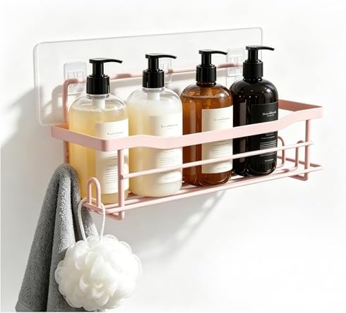 Pink Shower Caddy Shelves Organizer Rack, Single Pack Shower Shelf for Shampoo Soap Bathroom Waterproof Adhesive Holder, No Drilling Wall Mounted