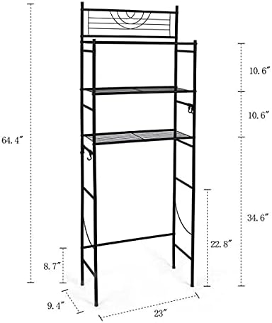 3-Tier Bathroom Over The Toilet Storage Rack Free Standing Metal Frame Shelf Organizer, with 4-Hooks, Black