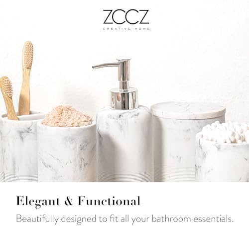 ZCCZ White Marble Bathroom Accessories Set 6 Pieces - Toothbrush Holder, Lotion Dispenser, Qtip Container, Vanity Tray, Tumbler - Countertop Organizer for Bathrooms - Elegant and Functional Décor Set