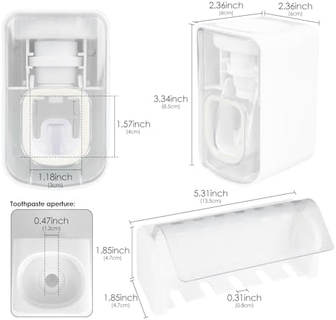 5 Slots Wall Mount Toothbrush Holder with Cover, Self Adhesive Toothbrush Storage Organizer for Shower, Toothbrush Hanger with Automatic Toothpaste Squeezer Dispenser