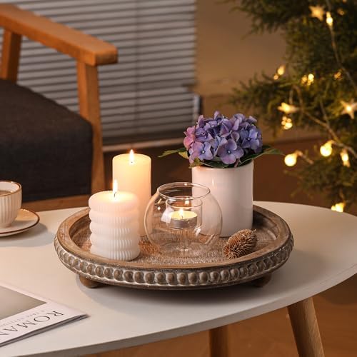 Decorative Coffee Table Tray, Brown Round Wooden Tray for Decor