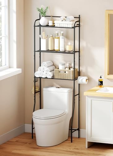 3-Tier Over The Toilet Storage, Bathroom Organizer, Space-Saving, Above Toilet Storage Rack with 4 Hooks and Paper Holder, Metal Shelf, Black