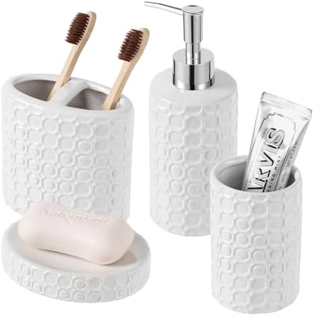 White Ceramic Bathroom Accessories Set, 4 Piece, Honeycomb Design with Soap Dispenser Pump, Tumbler, Toothbrush Holder, Soap Dish